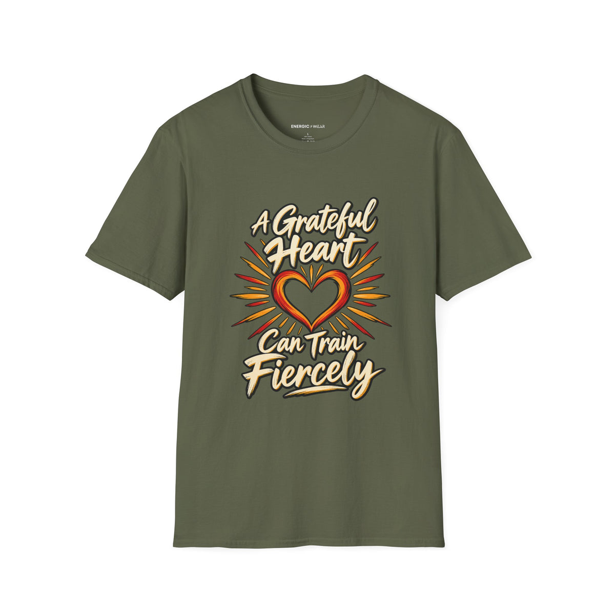 Graphic fitness T-shirt featuring the "A Grateful Heart Can Train Fiercely" design.