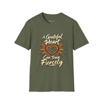 Graphic fitness T-shirt featuring the "A Grateful Heart Can Train Fiercely" design.