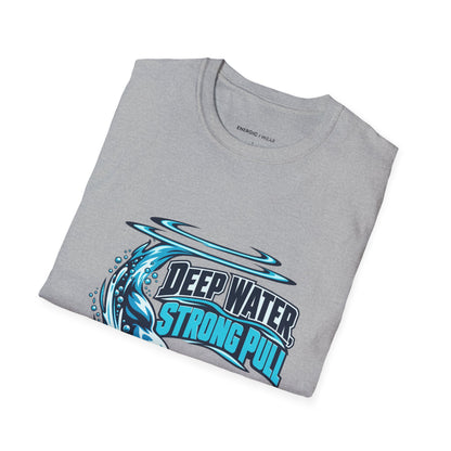 Graphic fitness T-shirt featuring the "Deep Water Strong Pull" design.