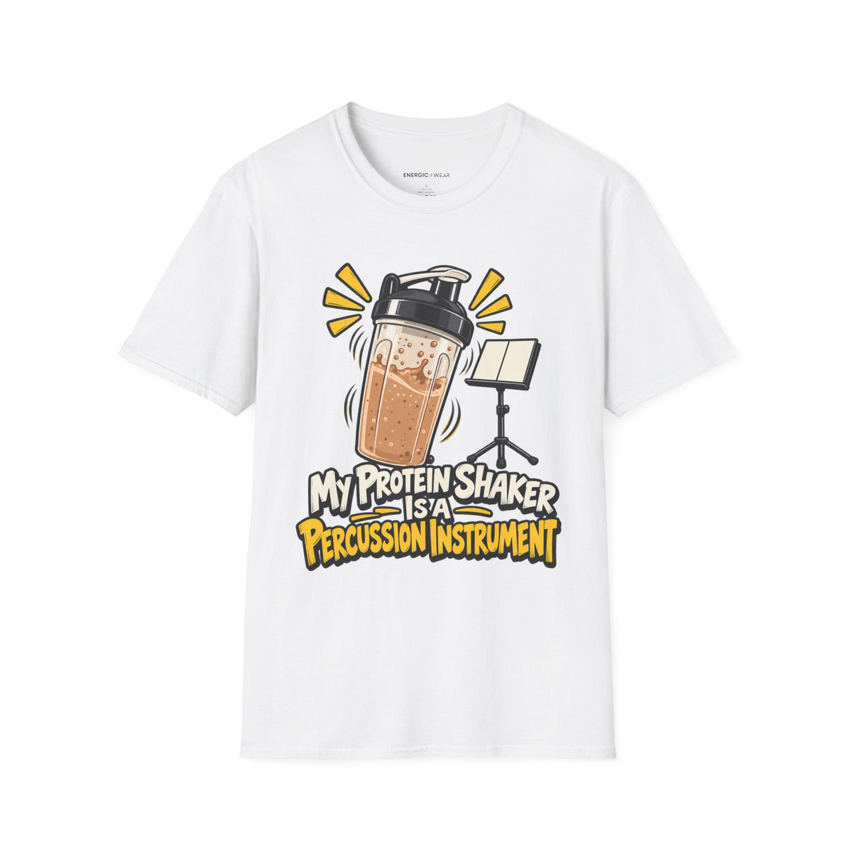 Graphic fitness T-shirt featuring the "My Protein Shaker Is a Percussion Instrument" design.