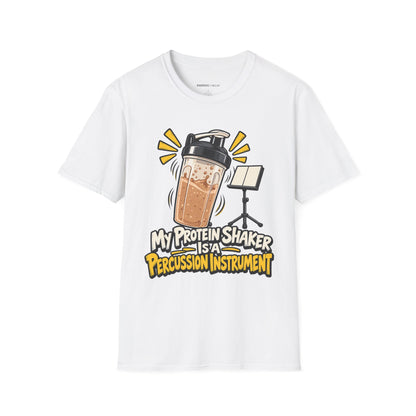 Graphic fitness T-shirt featuring the "My Protein Shaker Is a Percussion Instrument" design.