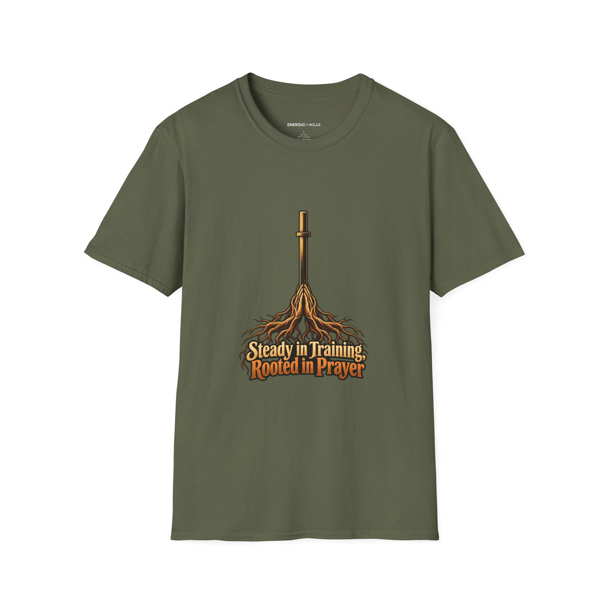 Graphic fitness T-shirt featuring the "Steady in Training, Rooted in Prayer" design.