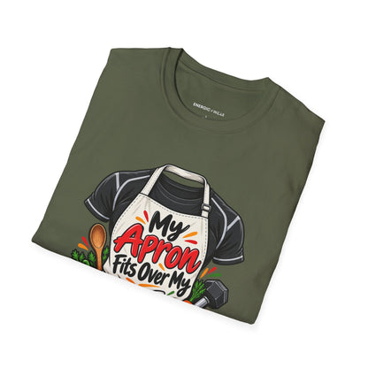 Graphic fitness T-shirt featuring the "My Apron Fits Over My Gym Clothes" design.