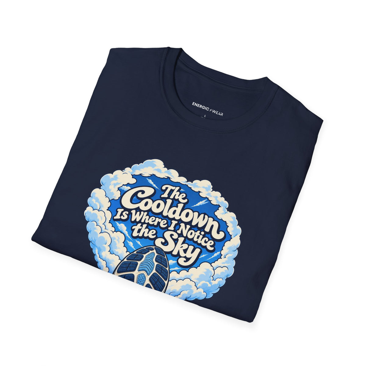 Graphic fitness T-shirt featuring the "The Cooldown Is Where I Notice the Sky" design.