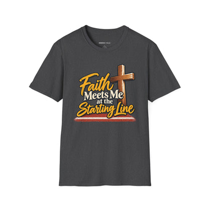 Graphic fitness T-shirt featuring the "Faith Meets Me at the Starting Line" design.