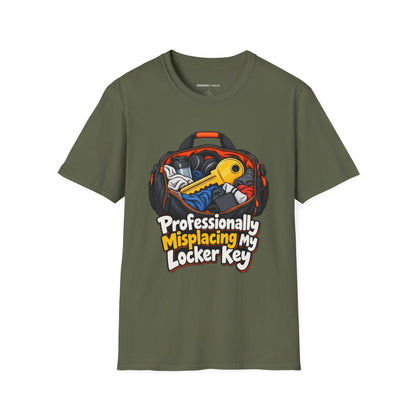 Graphic fitness T-shirt featuring the "Professionally Misplacing My Locker Key" design.