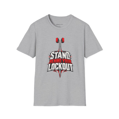 Graphic fitness T-shirt featuring the "Stand Behind Your Lockout" design.