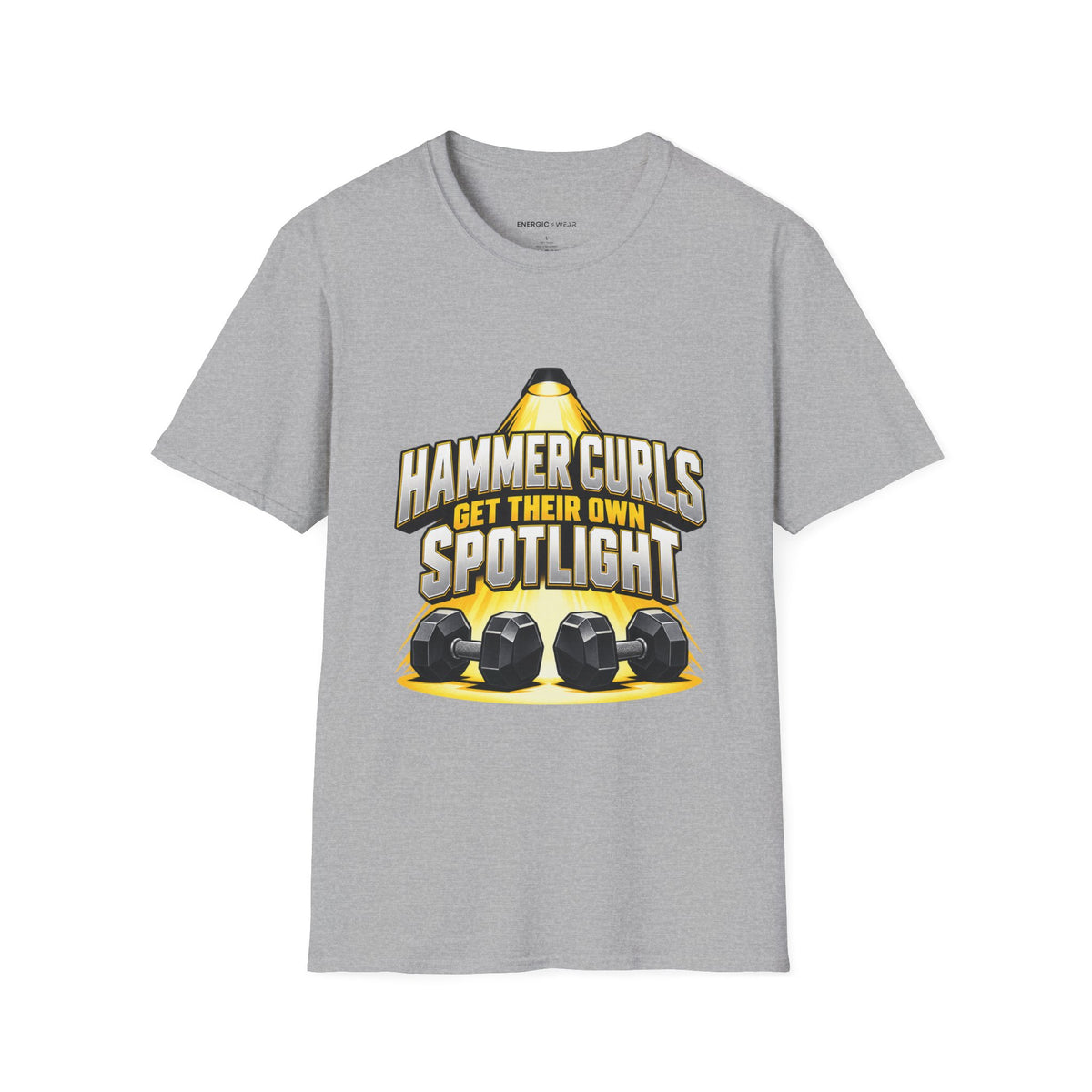 Graphic fitness T-shirt featuring the "Hammer Curls Get Their Own Spotlight" design.