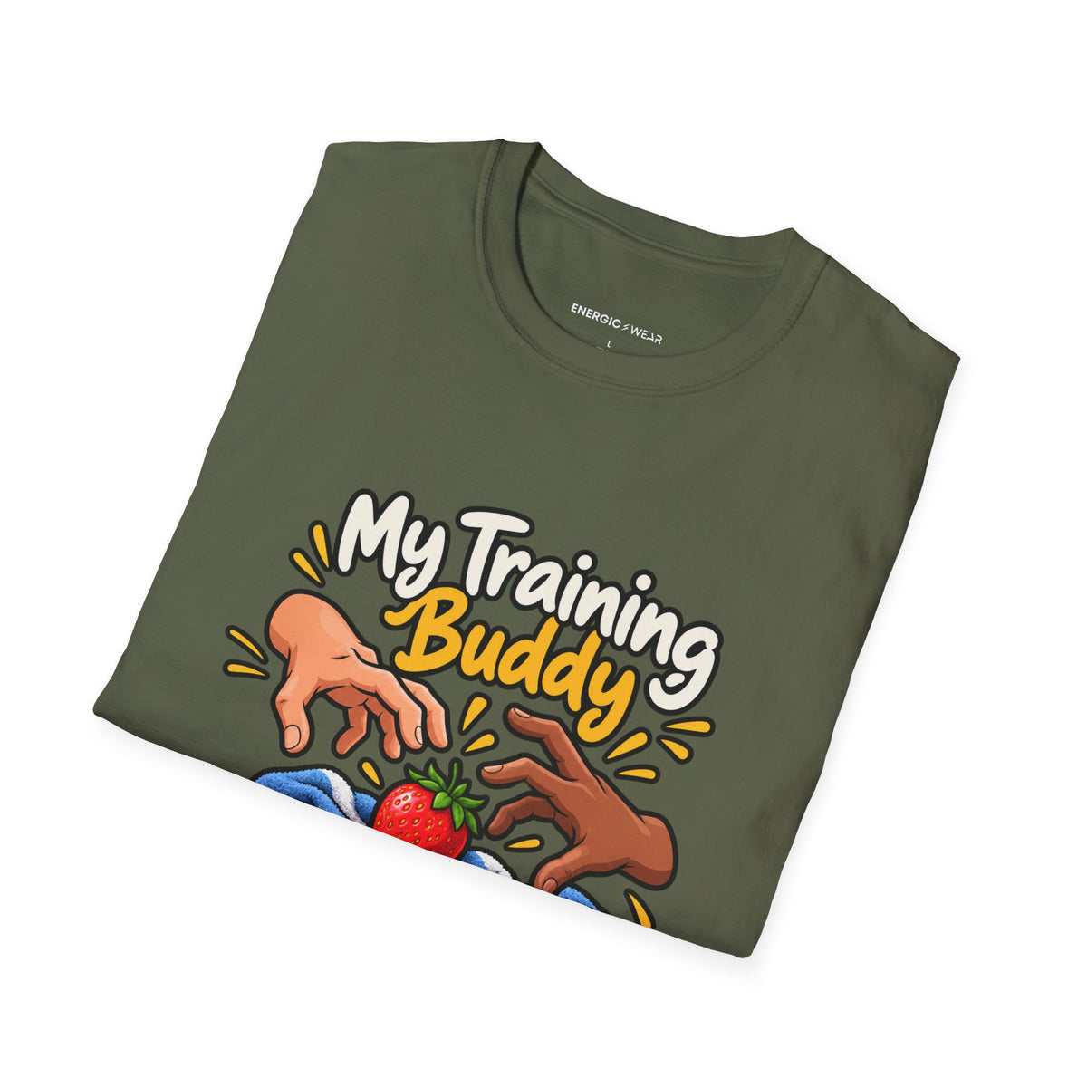 Graphic fitness T-shirt featuring the "My Training Buddy Stole the Last Strawberry" design.