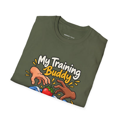 Graphic fitness T-shirt featuring the "My Training Buddy Stole the Last Strawberry" design.
