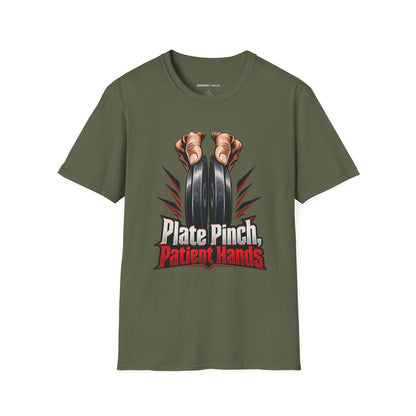 Graphic fitness T-shirt featuring the "Plate Pinch, Patient Hands" design.