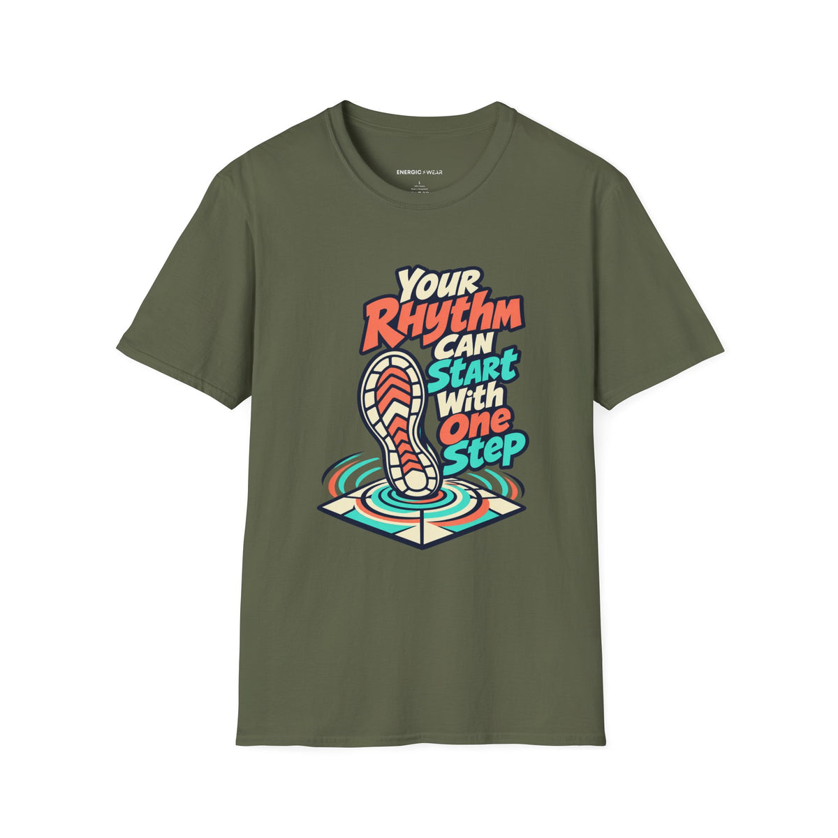 Graphic fitness T-shirt featuring the "Your Rhythm Can Start With One Step" design.