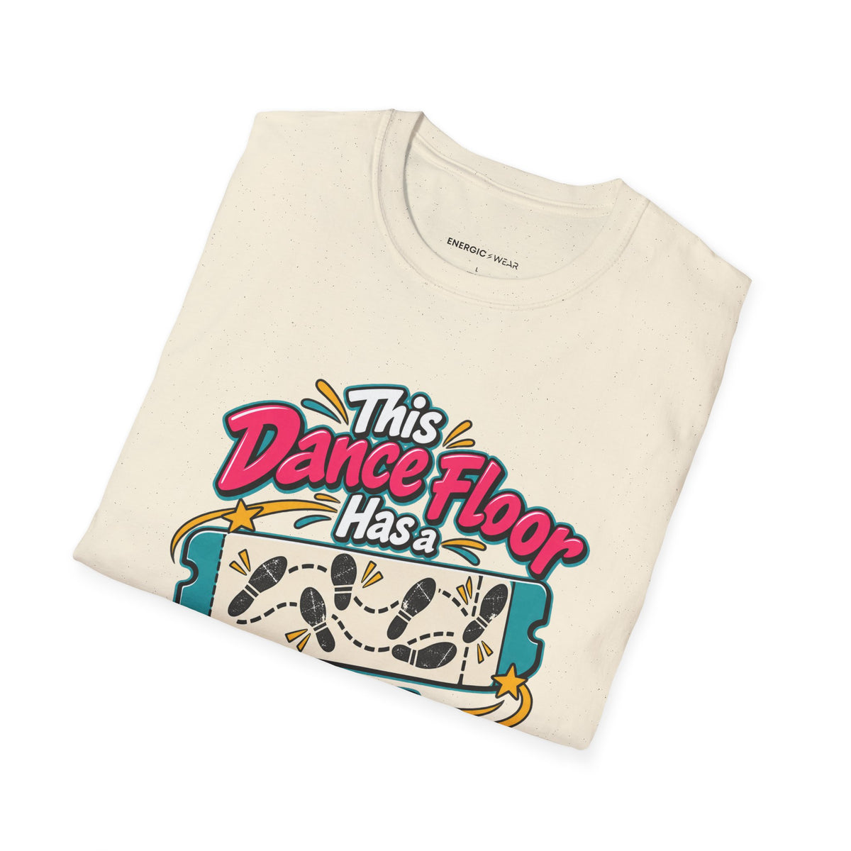 Graphic fitness T-shirt featuring the "This Dance Floor Has a Frequent-Flyer Program" design.