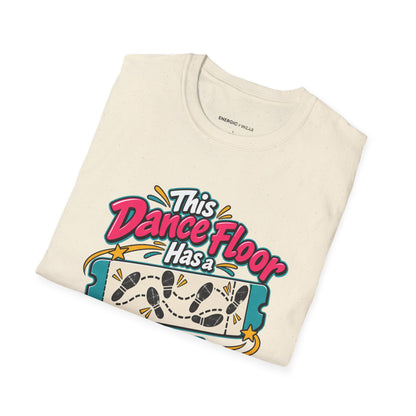 Graphic fitness T-shirt featuring the "This Dance Floor Has a Frequent-Flyer Program" design.