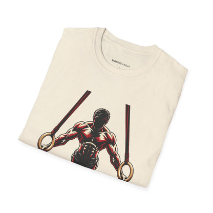 Graphic fitness T-shirt featuring the "Rings Ask Every Muscle to Listen" design.