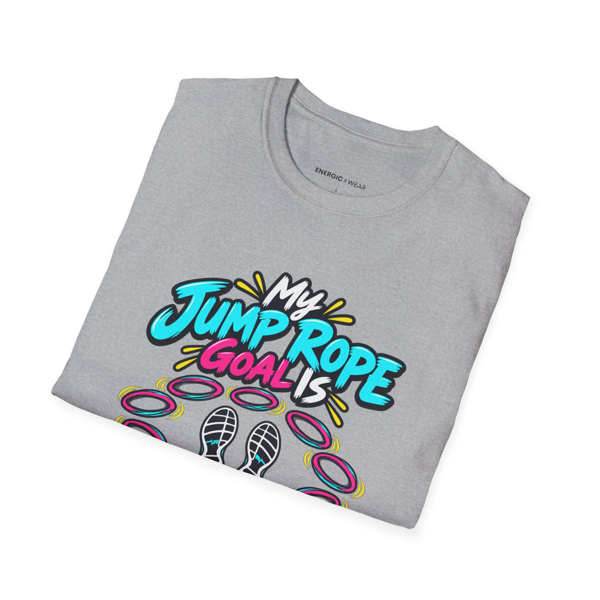 Graphic fitness T-shirt featuring the "My Jump Rope Goal Is Ten Unbroken Turns" design.