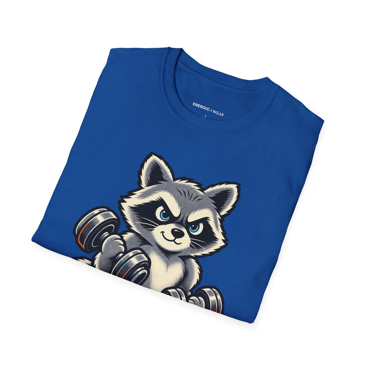 Graphic fitness T-shirt featuring the "Muscular Raccoon" design.