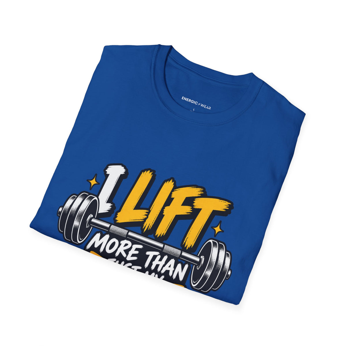 Graphic fitness T-shirt featuring the "I Lift More Than My Spirits" design.