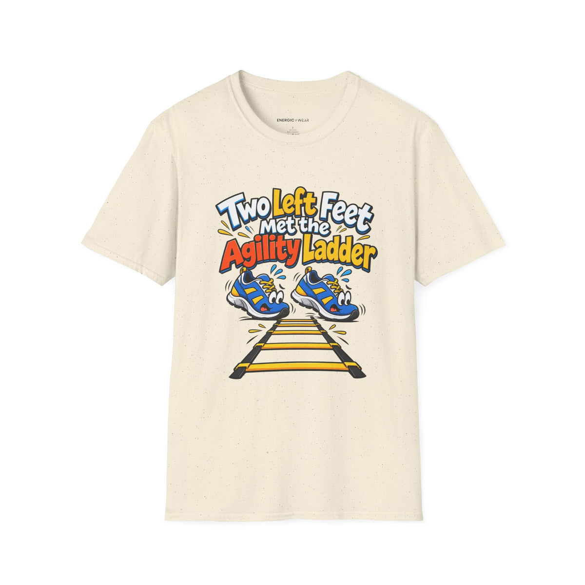 Graphic fitness T-shirt featuring the "Two Left Feet Met the Agility Ladder" design.
