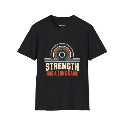 Graphic fitness T-shirt featuring the "Strength Has a Long Game" design.