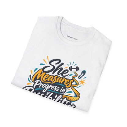 Graphic fitness T-shirt featuring the "She Measures Progress in Possibilities" design.