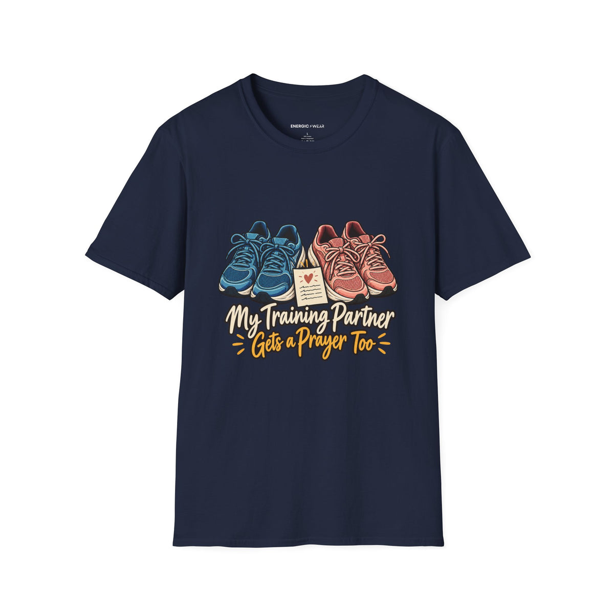 Graphic fitness T-shirt featuring the "My Training Partner Gets a Prayer Too" design.