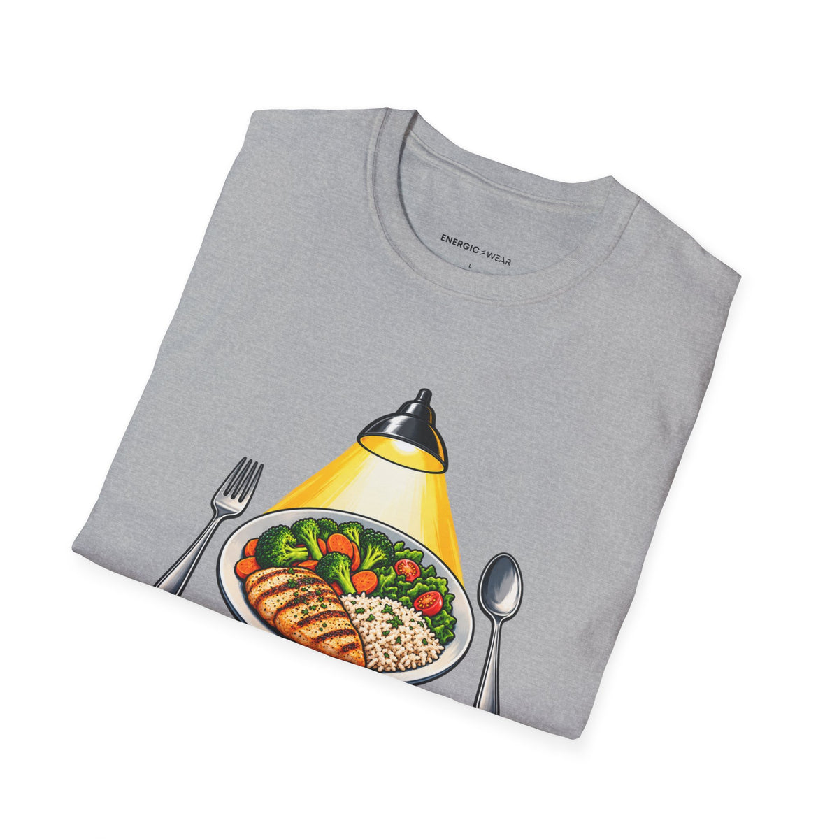 Graphic fitness T-shirt featuring the "I Plate My Food with Championship Focus" design.