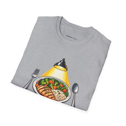 Graphic fitness T-shirt featuring the "I Plate My Food with Championship Focus" design.