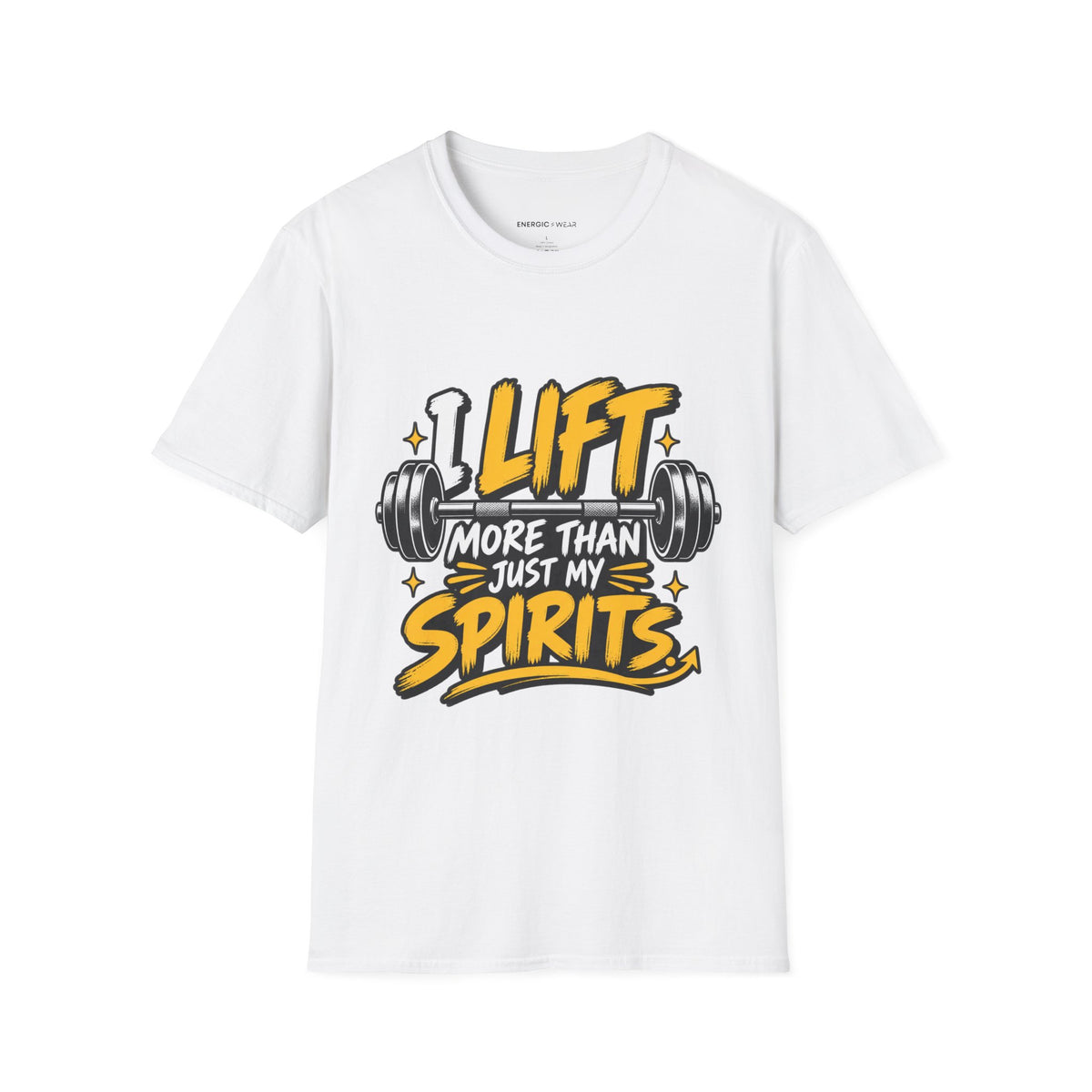 Graphic fitness T-shirt featuring the "I Lift More Than My Spirits" design.