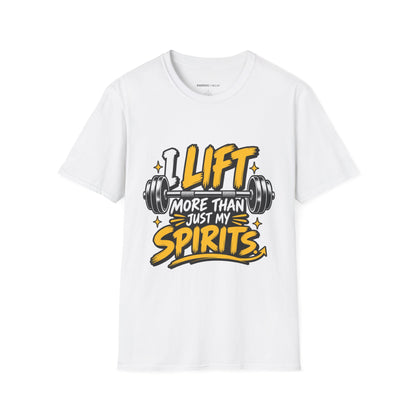 Graphic fitness T-shirt featuring the "I Lift More Than My Spirits" design.