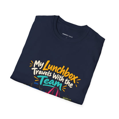 Graphic fitness T-shirt featuring the "My Lunchbox Travels With the Team" design.