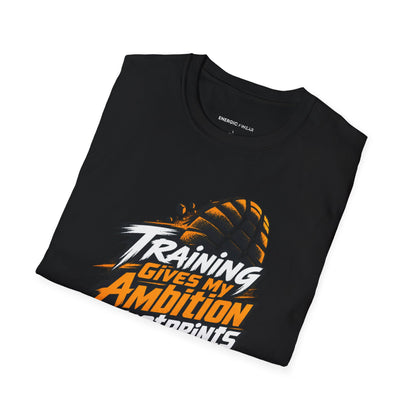 Graphic fitness T-shirt featuring the "Training Gives My Ambition Footprints" design.
