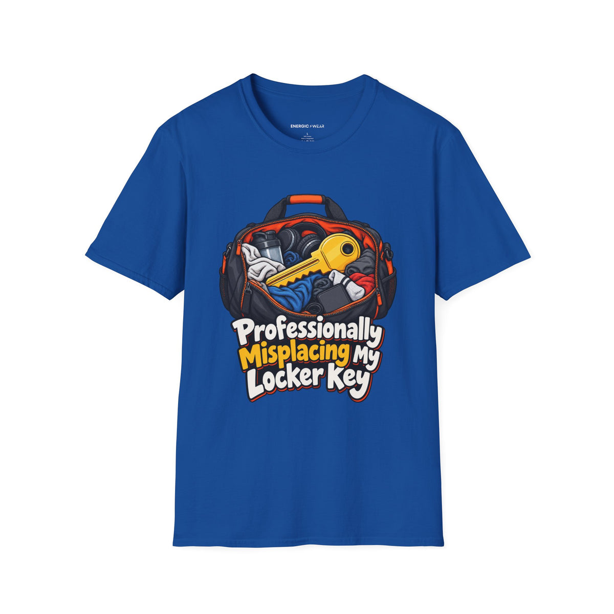Graphic fitness T-shirt featuring the "Professionally Misplacing My Locker Key" design.