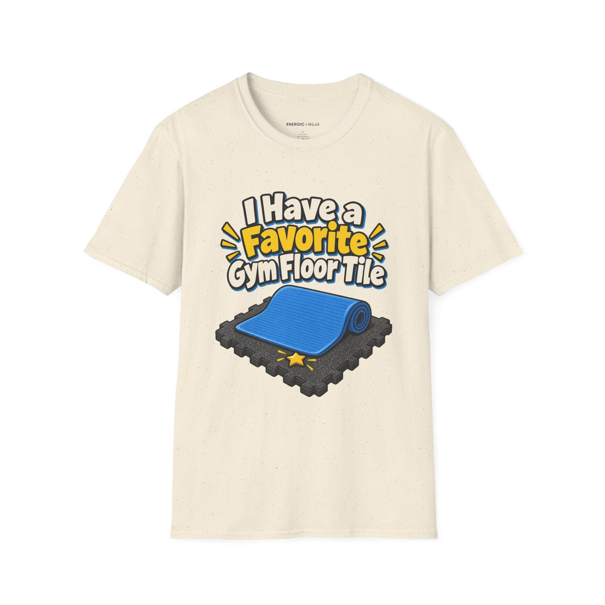 Graphic fitness T-shirt featuring the "I Have a Favorite Gym Floor Tile" design.