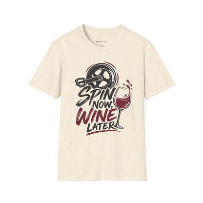 Graphic fitness T-shirt featuring the "Spin Now, Wine Later" design.