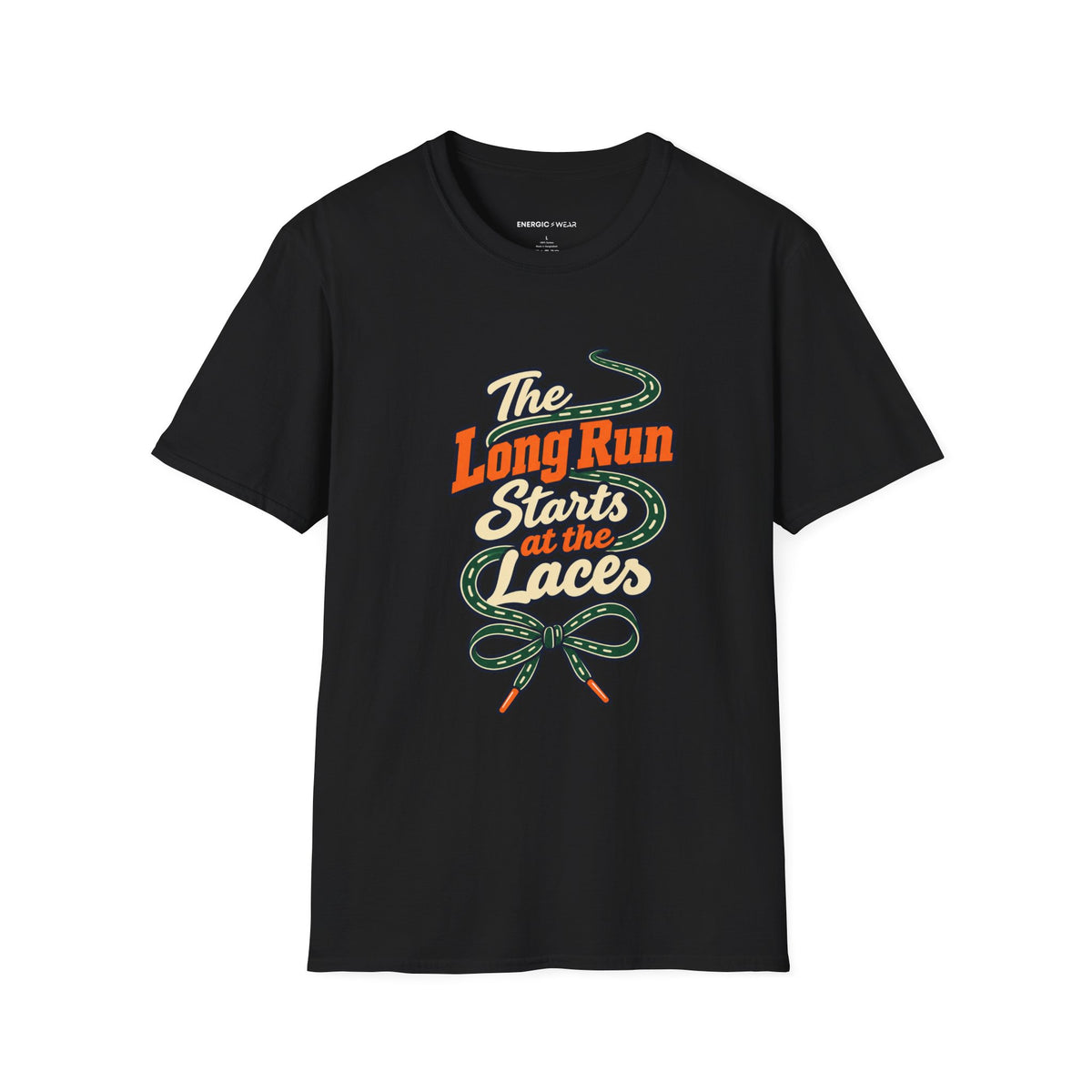 Graphic fitness T-shirt featuring the "The Long Run Starts at the Laces" design.
