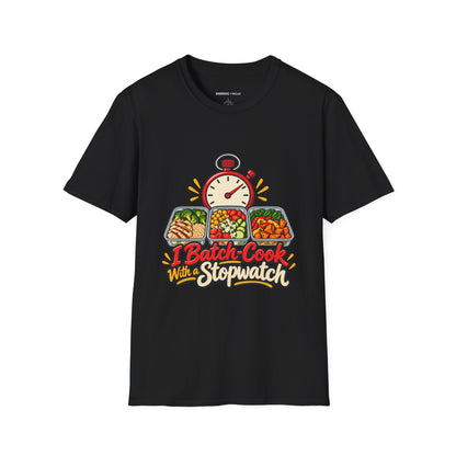 Graphic fitness T-shirt featuring the "I Batch-Cook with a Stopwatch" design.