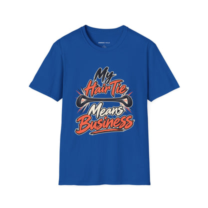 Graphic fitness T-shirt featuring the "My Hair Tie Means Business" design.