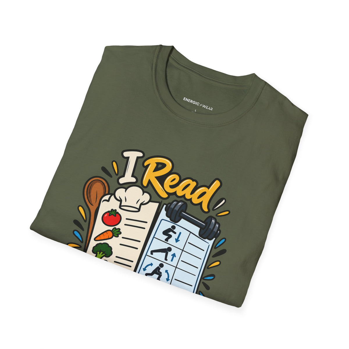 Graphic fitness T-shirt featuring the "I Read Recipes Like Training Programs" design.