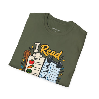 Graphic fitness T-shirt featuring the "I Read Recipes Like Training Programs" design.
