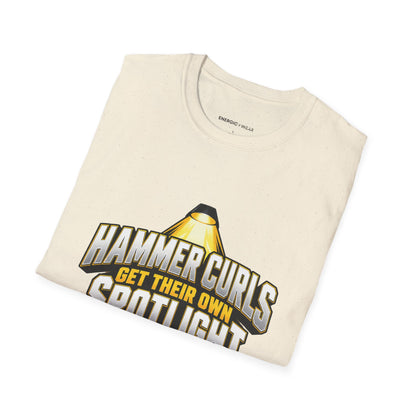 Graphic fitness T-shirt featuring the "Hammer Curls Get Their Own Spotlight" design.