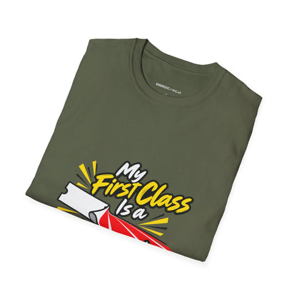 Graphic fitness T-shirt featuring the "My First Class Is a Starting Line" design.