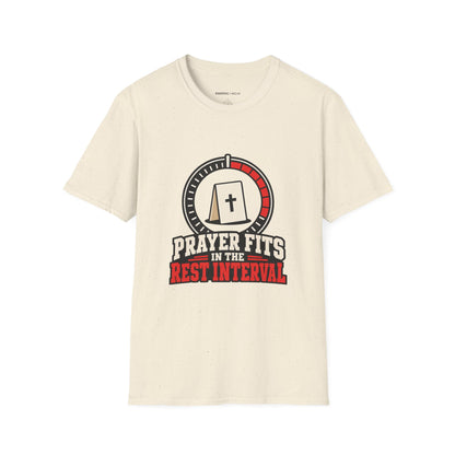 Graphic fitness T-shirt featuring the "Prayer Fits in the Rest Interval" design.