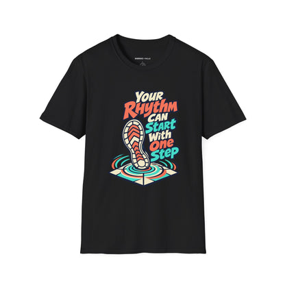 Graphic fitness T-shirt featuring the "Your Rhythm Can Start With One Step" design.