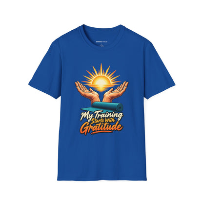 Graphic fitness T-shirt featuring the "My Training Starts with Gratitude" design.