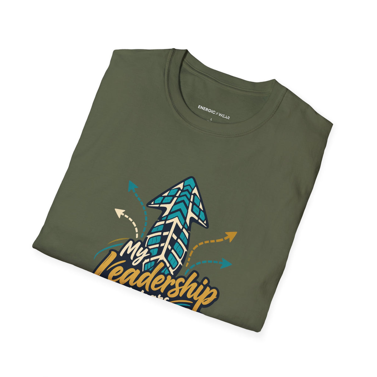 Graphic fitness T-shirt featuring the "My Leadership Wears Training Shoes" design.