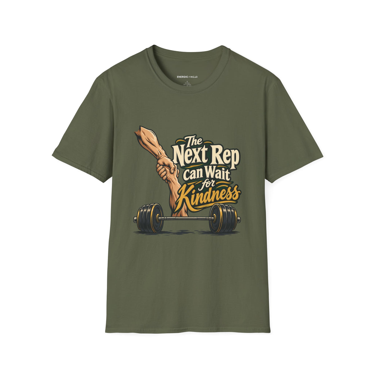 Graphic fitness T-shirt featuring the "The Next Rep Can Wait for Kindness" design.