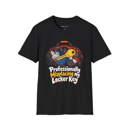 Graphic fitness T-shirt featuring the "Professionally Misplacing My Locker Key" design.