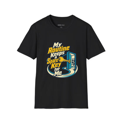 Graphic fitness T-shirt featuring the "My Routine Keeps a Spare Key for Me" design.