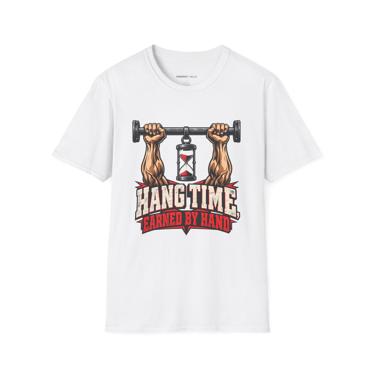 Graphic fitness T-shirt featuring the "Hang Time Earned by Hand" design.